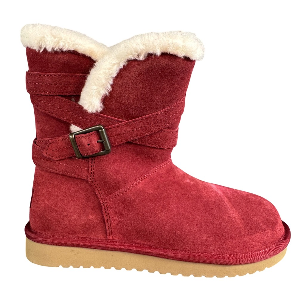 Koolaburra by UGG Victoria Short Red Suede Faux Fur Buckle Boots Womens 8
